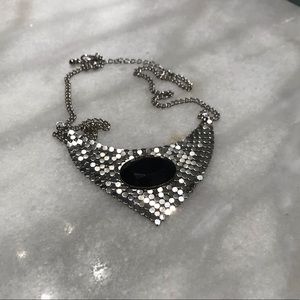 Silver Chain Mesh Necklace with Black Stone